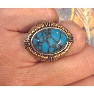 Spider Web Turquoise Turkish Sterling Silver Ring Size 8 Oval Stone Vintage Look